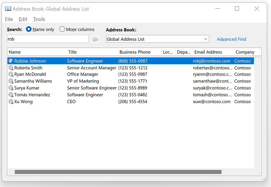 Screenshot showing old Outlook Address Book search experience (searching on "rob").