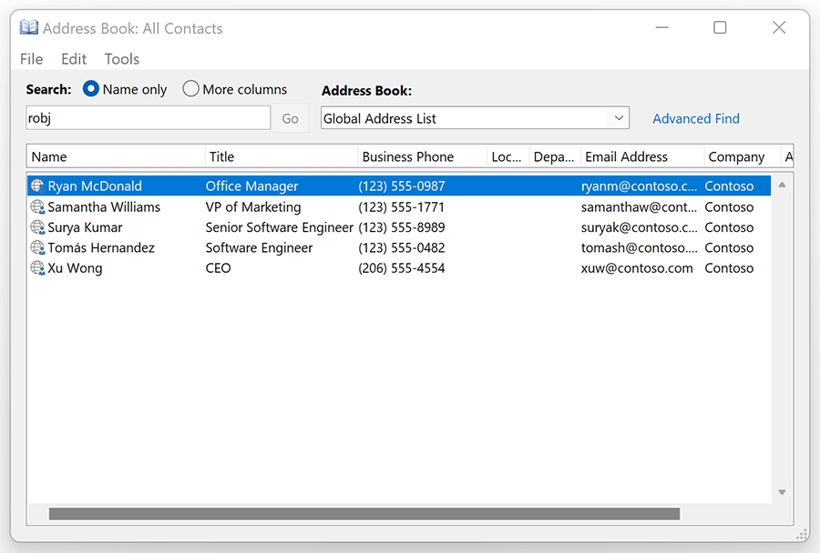 Screenshot showing old Outlook Address Book search experience (searching on "robj").