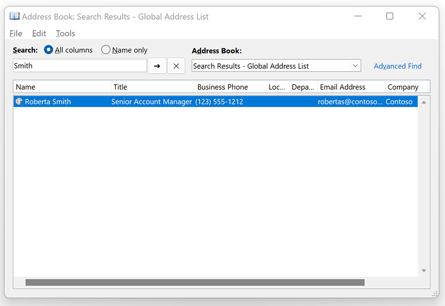 Screenshot showing new Outlook Address Book search experience with better results (searching for "Smith").