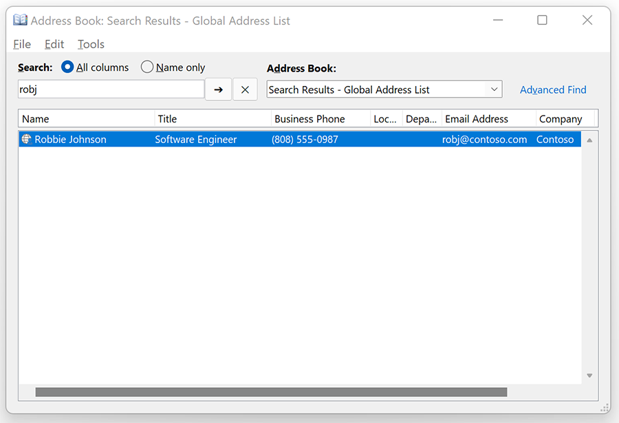 Screenshot showing new Outlook Address Book search experience with better results (searching for "robj").