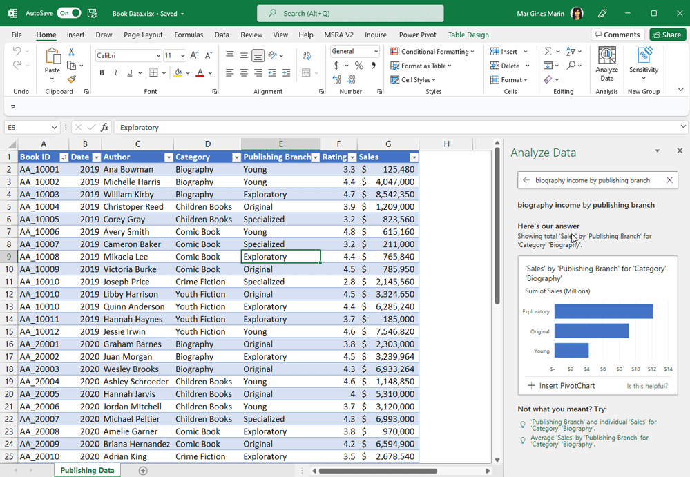 GIF showing how to insert a graphic into a worksheet with the Analyze Data feature in Excel.