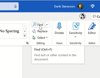 Screenshot showing the Find button on the Home ribbon in Word.
