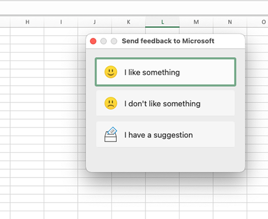 The Submit Feedback screen in Excel with smiley and frowny faces.