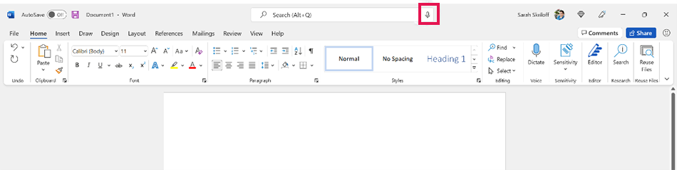 Word document showing Search box with microphone icon called out.