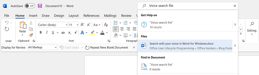 Word document search box doing a file search.