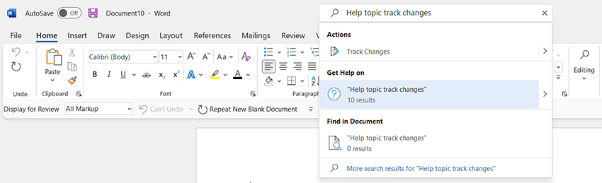 Search for a specific help topic in Word using your voice.