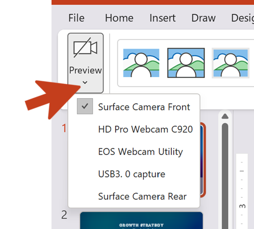 PowerPoint のカメオ機能のカメラ フィードを選択するためのコンテキスト メニューを示すスクリーンショット。