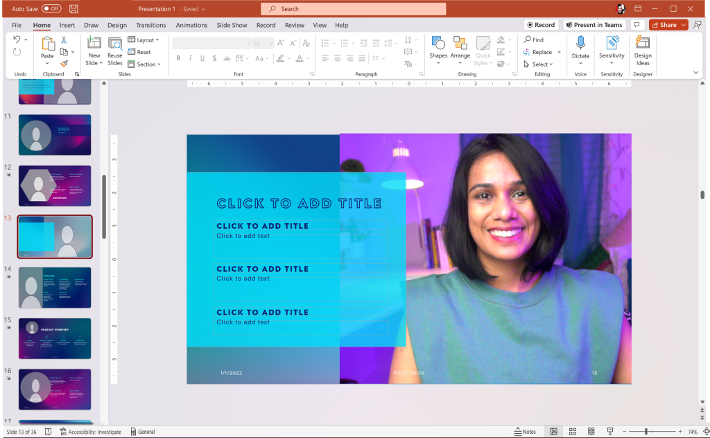Screenshot showing slide with content overlaying cameo feature in PowerPoint for Windows.