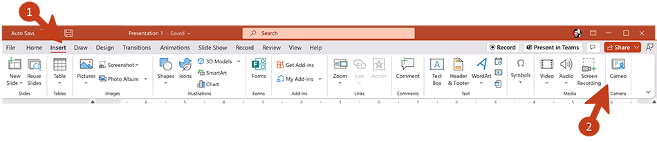 Screenshot of the Insert Cameo menu bar option in PowerPoint for Windows.
