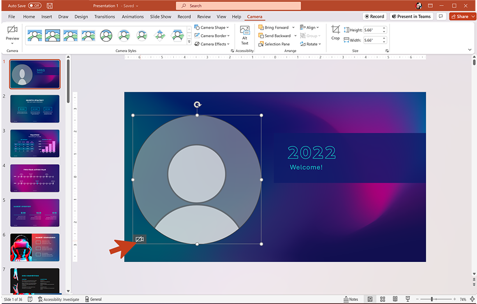 Screenshot showing how to turn off the live camera feed in PowerPoint for Windows.