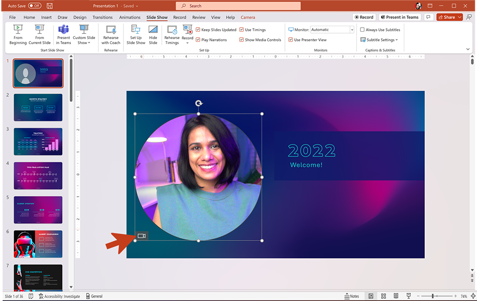 PowerPoint for Windows でライブ カメラ フィードをオンにする方法を示すスクリーンショット。