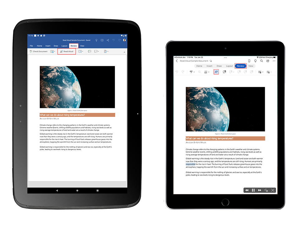 Android tablet and iPad showing Word app with Read Aloud feature highlighted.