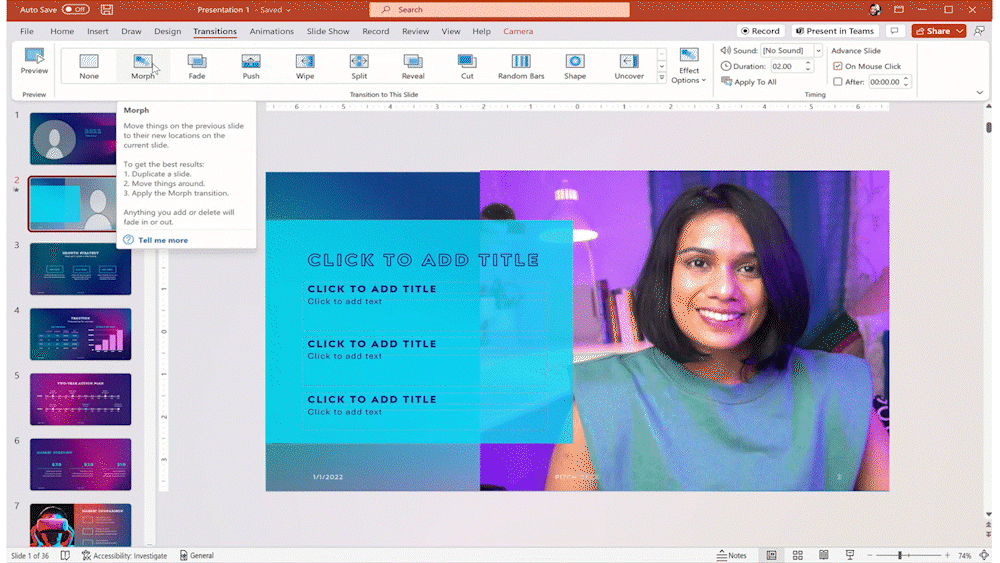 ライブ カメラ フィードを PowerPoint for Windows スライドに配置する際のモーフ効果を示す GIF。