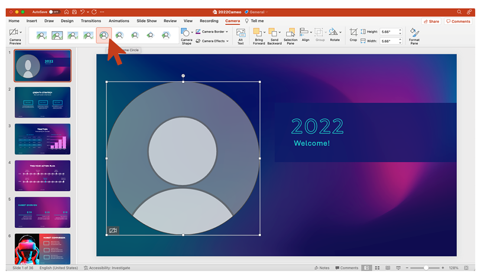 PowerPoint for Mac screenshot showing live video feed with different camera shape and style options.