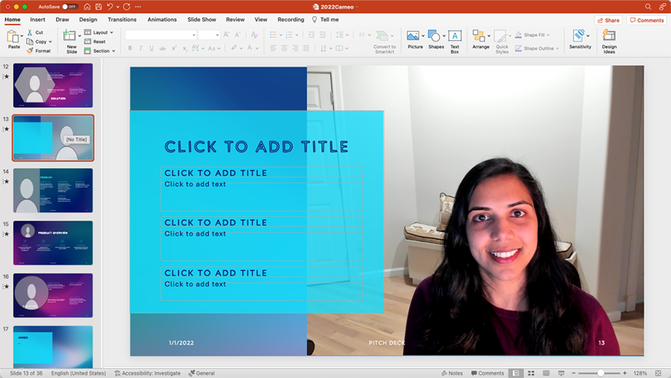 Screenshot in PowerPoint for Mac showing cameo live feed feature with text overlaid on video.