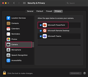Mac Security & Privacy settings screenshot showing granting camera permissions to PowerPoint.