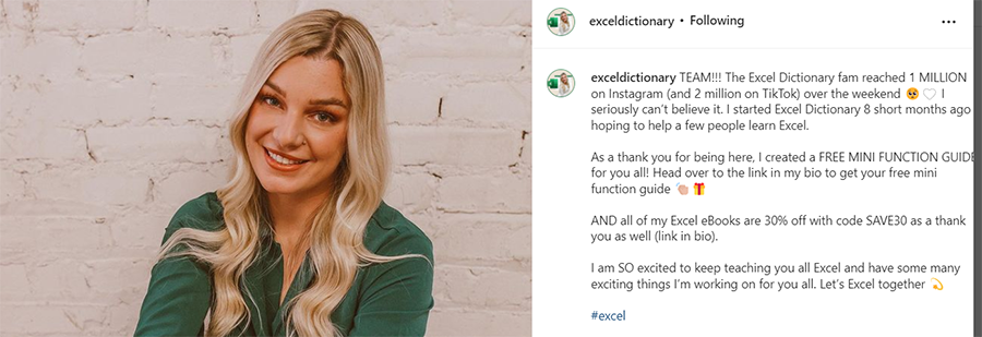 Excel Dictionary Instagram post celebrating 1 million followers.