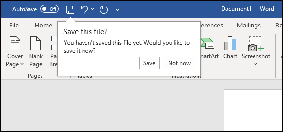 Smart save reminders prompt in Microsoft Word.