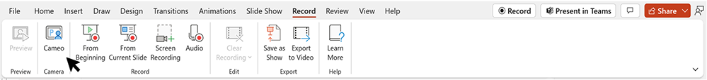 PowerPoint Record tab ribbon with cameo button highlighted.