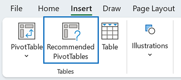 Recommended PivotTables button on the Excel for Windows ribbon.