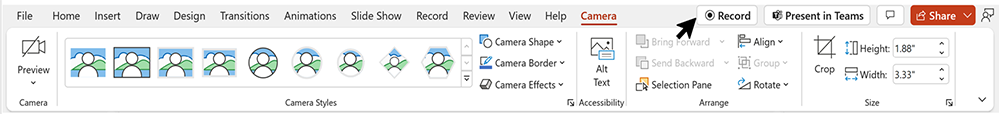 Camera tab and ribbon in PowerPoint with Record button highlighted.