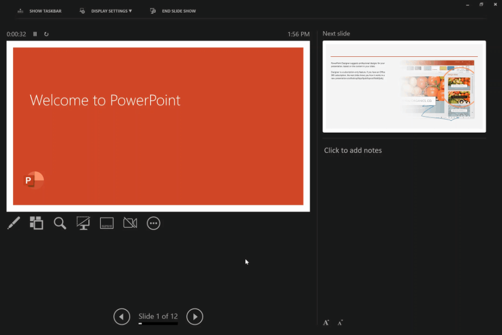 GIF showing the user editing their notes while in Presenter view in PowerPoint.