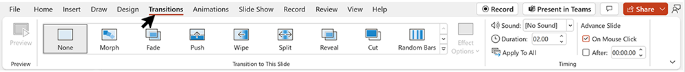 Transitions tab and ribbon, showing different transitions effects you can use while Recording in PowerPoint.