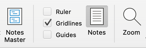 View tab in PowerPoint for Mac showing the Gridlines option checked.