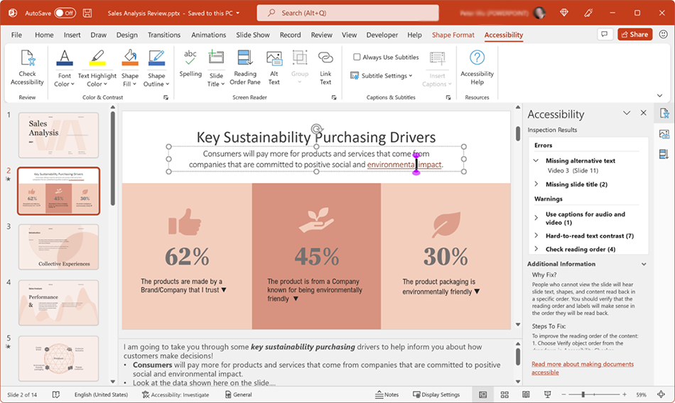 Accessibility ribbon and Accessibility pane in PowerPoint.