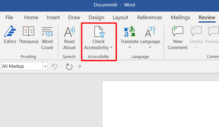 Check Accessibility tool highlighted on toolbar in Microsoft Word.