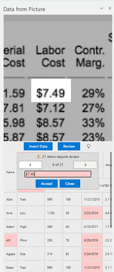 The Review pane in the Data from Picture feature in Excel.