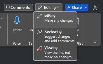 Mode menu with Editing option selected