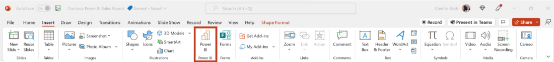 RIbbon showing the Insert menu with the Power BI button highlighted