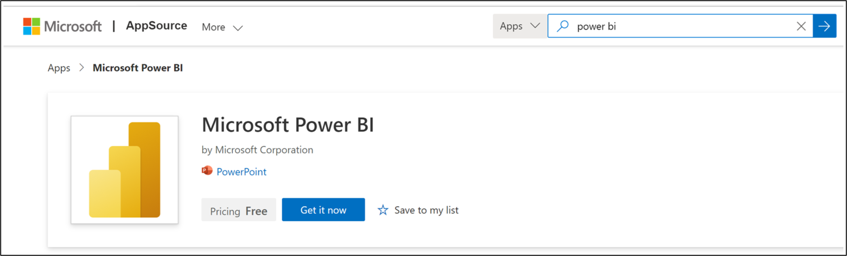 Microsoft App Store displaying the Power BI add-in download page