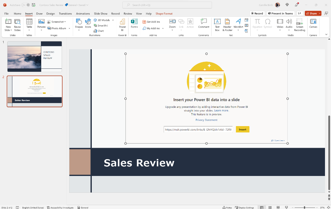 Insert your Power BI data into a slide page