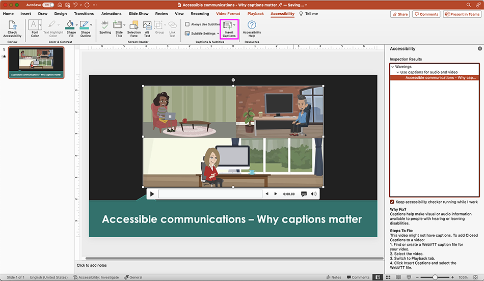 PowerPoint for Mac screenshot highlighting the Insert Captions option on the Accessibility ribbon.