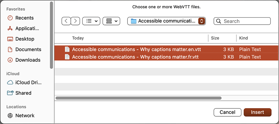 PowerPoint for Mac file picker dialog box with WebVTT files selected for insertion.