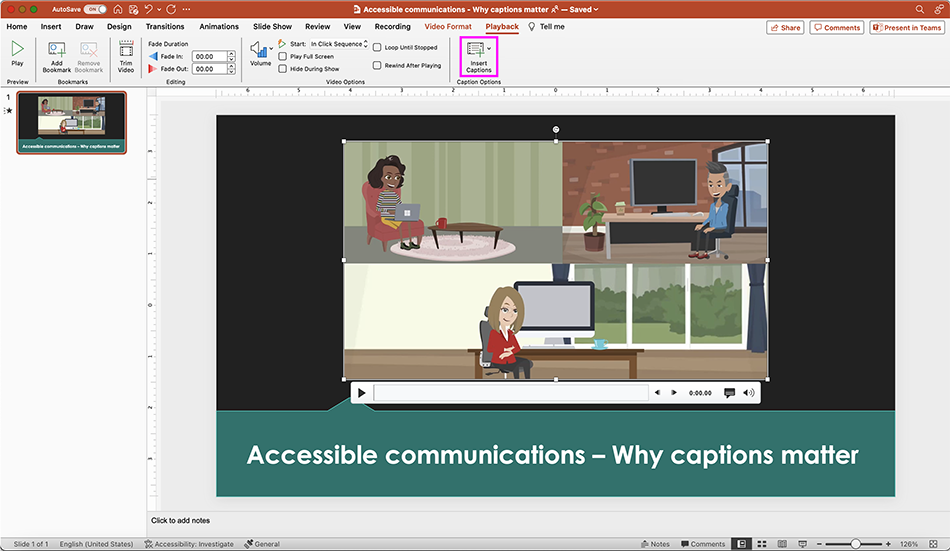 PowerPoint for Mac screenshot highlighting the Insert Captions option on the Playback tab.