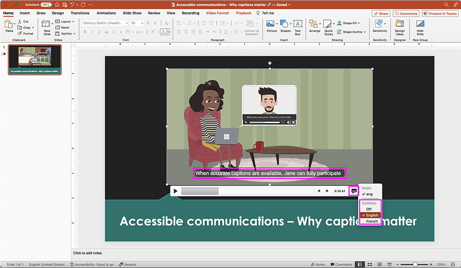 PowerPoint for Mac screenshot showing selection of captions that are overlaid on a video.