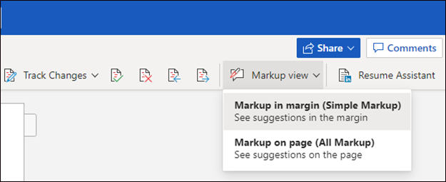 Screenshot showing Simple Markup view button in Word for the web.