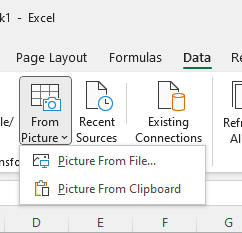Pulsanti dati Excel con il pulsante Da immagine evidenziato.