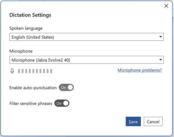 Dialog box showing Dictation settings, including auto-punctuation and profanity filter.