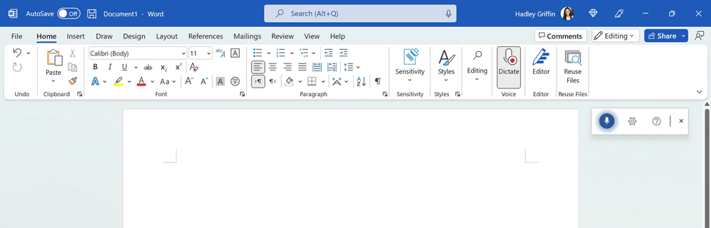 GIF illustrating the visual animation in the redesigned Dictation toolbar in Word.
