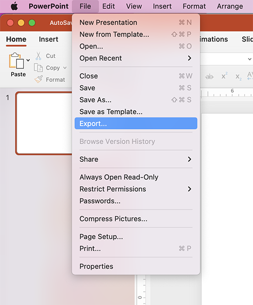 Screenshot of the Export menu command in PowerPoint for Mac.
