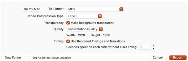 Screenshot of Export to Video settings for transparent backgrounds in PowerPoint for Mac.