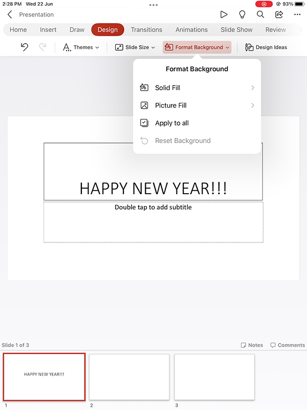 Format Background dialog box in PowerPoint for the iPad.