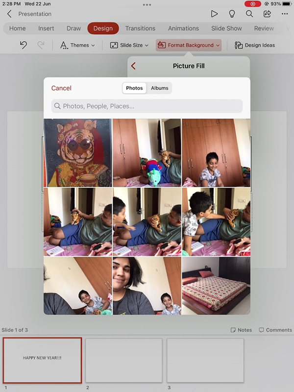 Insert Picture dialog to add an image to a slide background in PowerPoint for iPad.