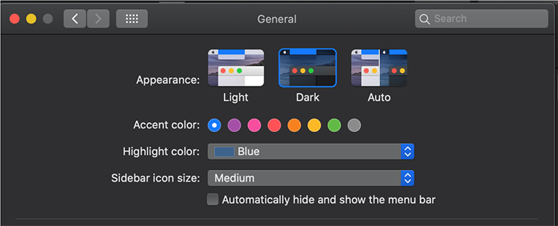 The Word for Mac Settings dialog box with Dark appearance selected.