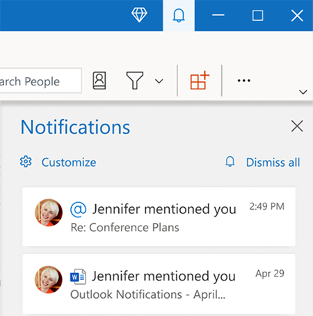 Notifications pane in Outlook showing relevant alerts.