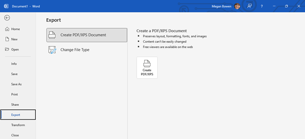 The File > Export > PDF path to creating a PDF in Word.